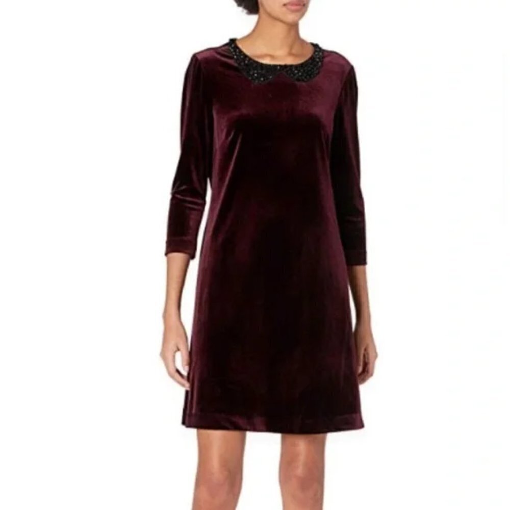 Betsey Johnson Peter Pan Collar Dress Burgundy Velvet Jeweled Goth Womens Size 6